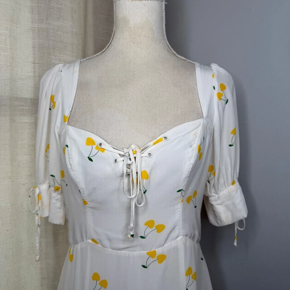For Love & Lemons Ashland Cherry Print‎ Lace Up Ruffle Mini Dress White Medium